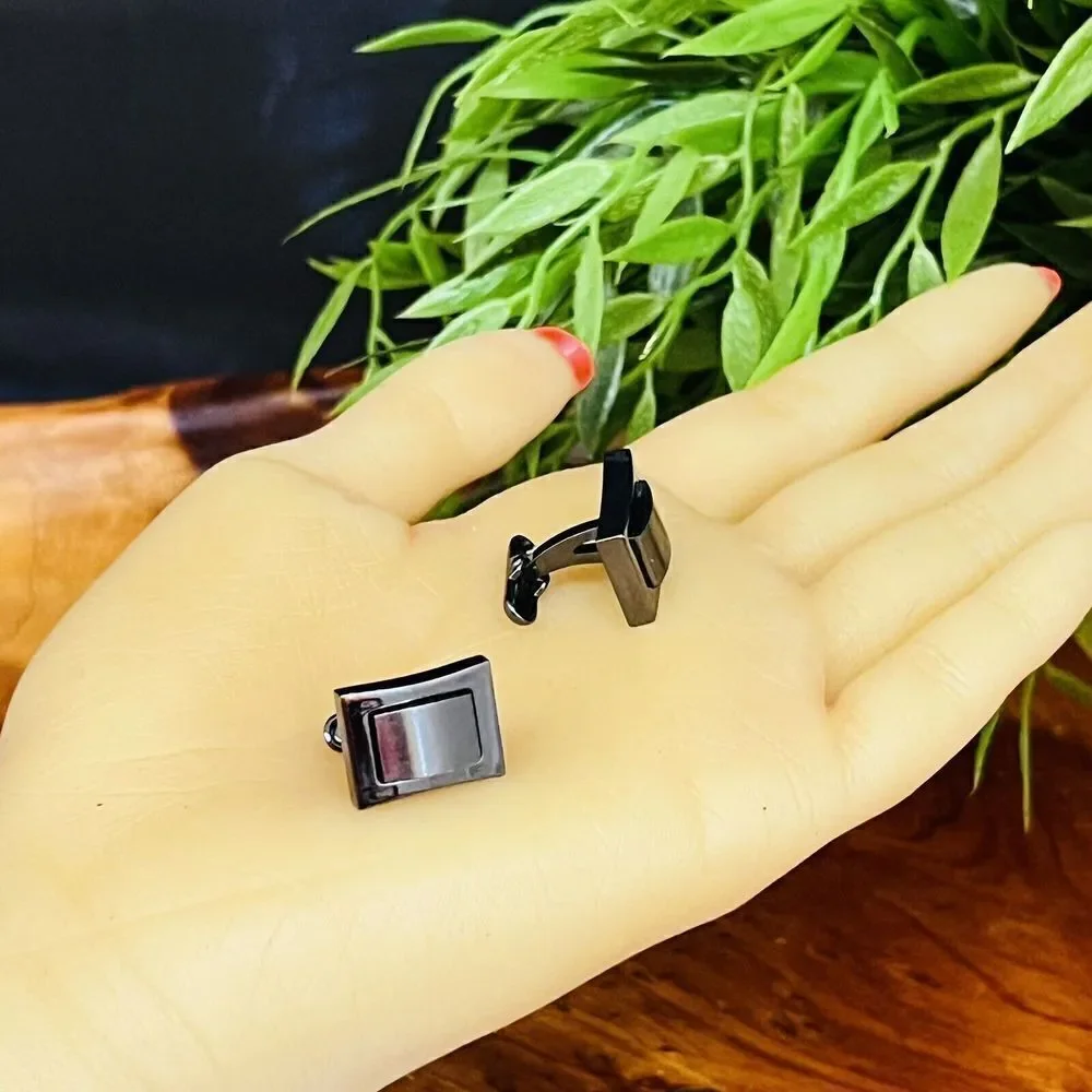 Roundtree & Yorke Cufflinks Gunmetal Black Whale Back Modern Rectangle 1190